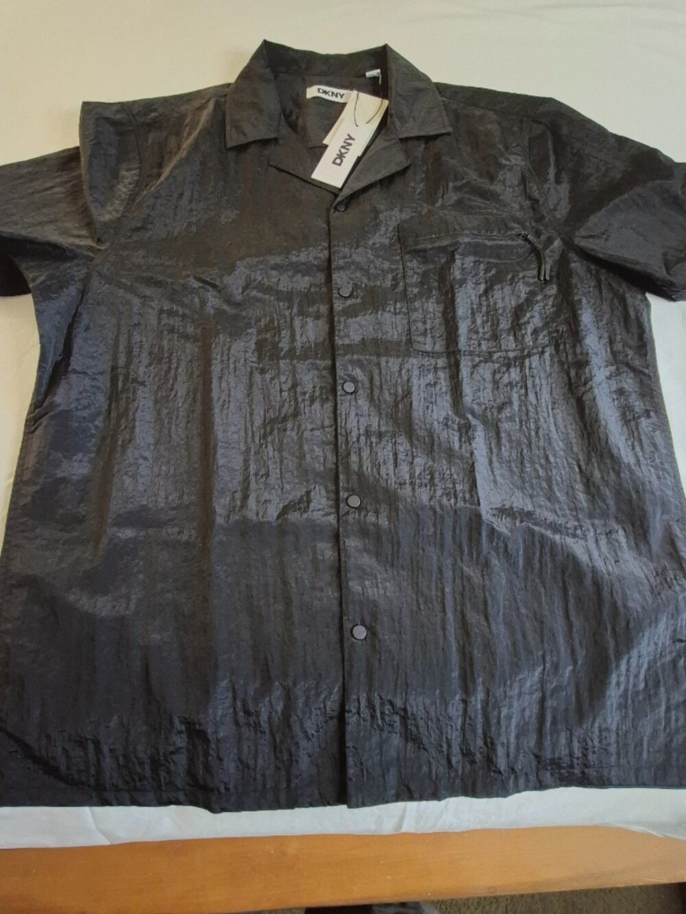 DKNY Short Sleeve Button Up Casual Button Down, Black, Size Large, NWT